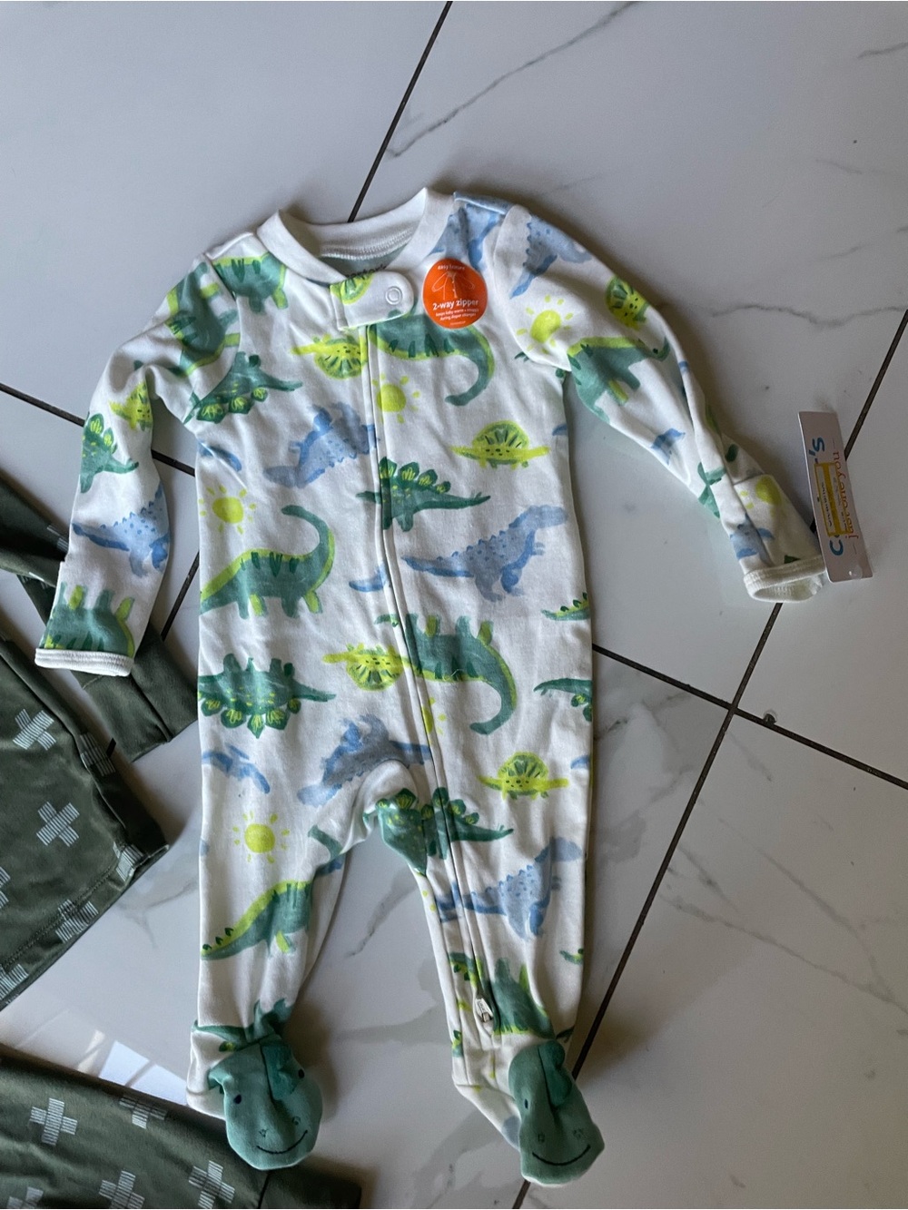 Carter's White Footed One-Piece Pajamas with Green and Blue Dinosaurs